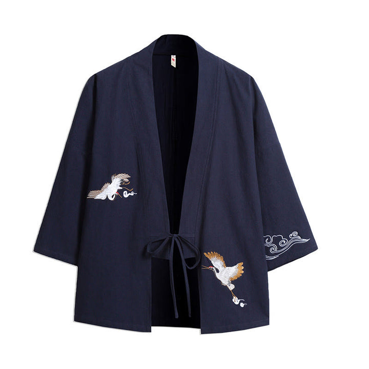 Kimono para hombre con mangas tres cuartos, bordado de grulla blanca y nubes auspiciosas con Buddha Stones - Azul acero - US/UK/AU46, EU56 (5XL) - image 0
