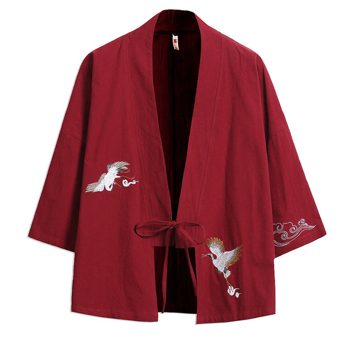 Kimono para hombre con mangas tres cuartos, bordado de grulla blanca y nubes auspiciosas con Buddha Stones - Rojo - US/UK/AU46, EU56 (5XL) - image 4