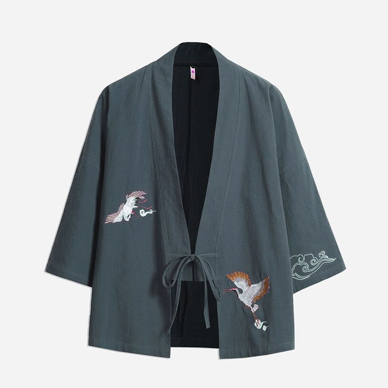 Kimono para hombre con mangas tres cuartos, bordado de grulla blanca y nubes auspiciosas con Buddha Stones - Cadete Azul - US/UK/AU46, EU56 (5XL) - image 13