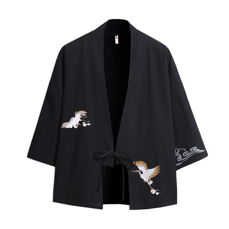 Kimono para hombre con mangas tres cuartos, bordado de grulla blanca y nubes auspiciosas con Buddha Stones - Negro - US/UK/AU46, EU56 (5XL) - image 2