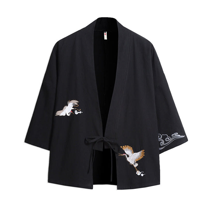 Kimono para hombre con mangas tres cuartos, bordado de grulla blanca y nubes auspiciosas con Buddha Stones - Negro - US/UK/AU46, EU56 (5XL) - image 2