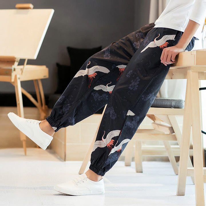 Pantalones harén para hombre con diseño de grullas de Buddha Stones y nubes auspiciosas con bolsillos - image 7