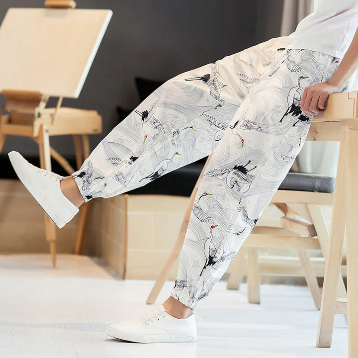 Pantalones harén para hombre con diseño de grullas de Buddha Stones y nubes auspiciosas con bolsillos - image 15