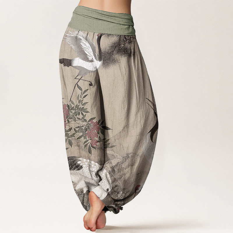 Pantalones harén de algodón puro con diseño de grulla de corona roja y pino para mujer, cintura elástica, estilo casual, Buddha Stones - image 1