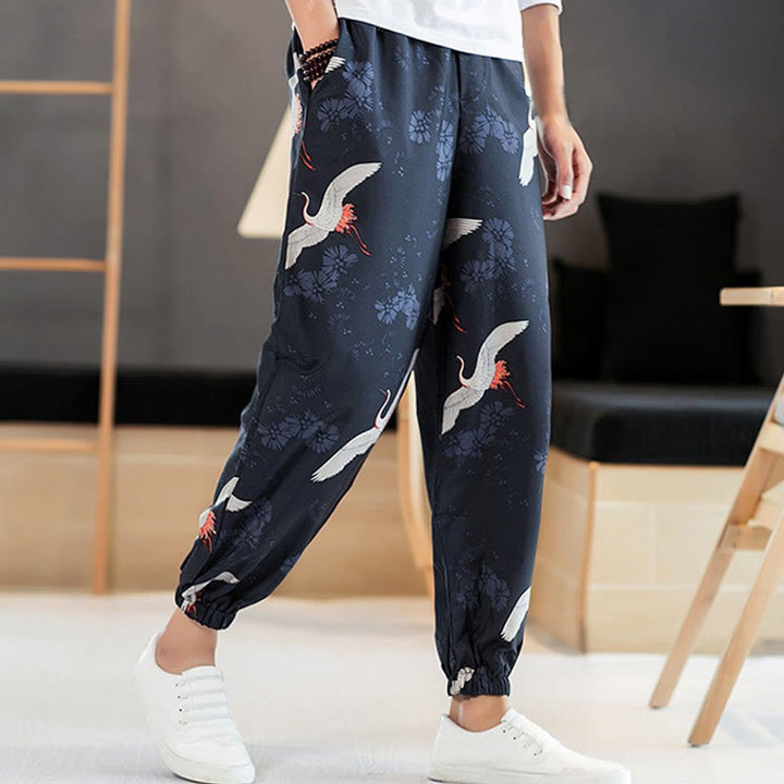 Pantalones harén para hombre con diseño de grullas de Buddha Stones y nubes auspiciosas con bolsillos - image 3