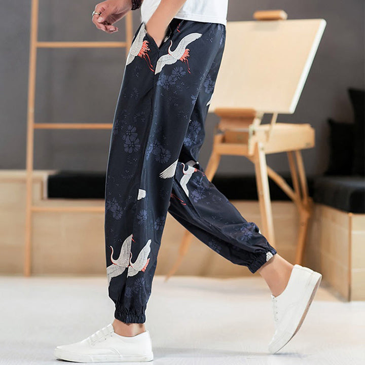 Pantalones harén para hombre con diseño de grullas de Buddha Stones y nubes auspiciosas con bolsillos - image 5