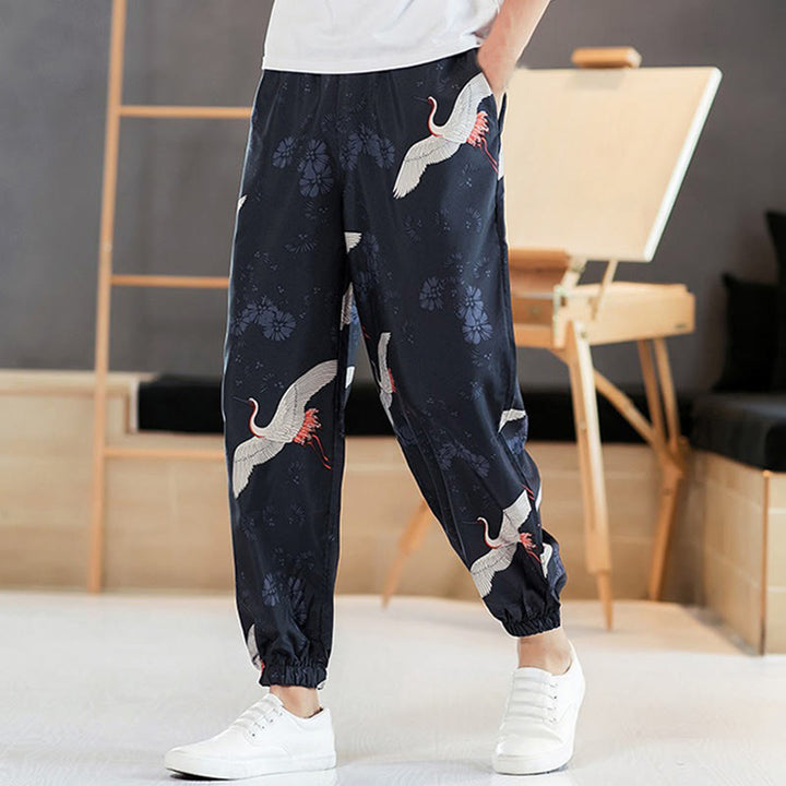Pantalones harén para hombre con diseño de grullas de Buddha Stones y nubes auspiciosas con bolsillos - image 4