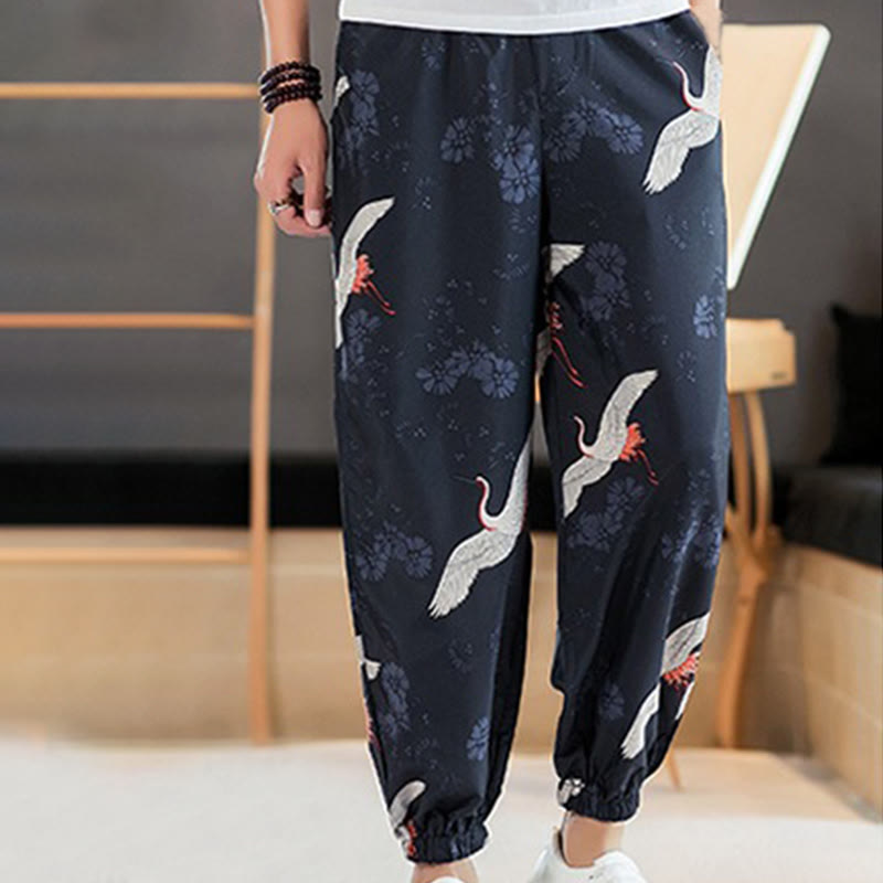 Pantalones harén para hombre con diseño de grullas de Buddha Stones y nubes auspiciosas con bolsillos - image 1
