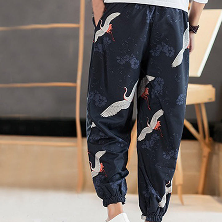 Pantalones harén para hombre con diseño de grullas de Buddha Stones y nubes auspiciosas con bolsillos - image 2