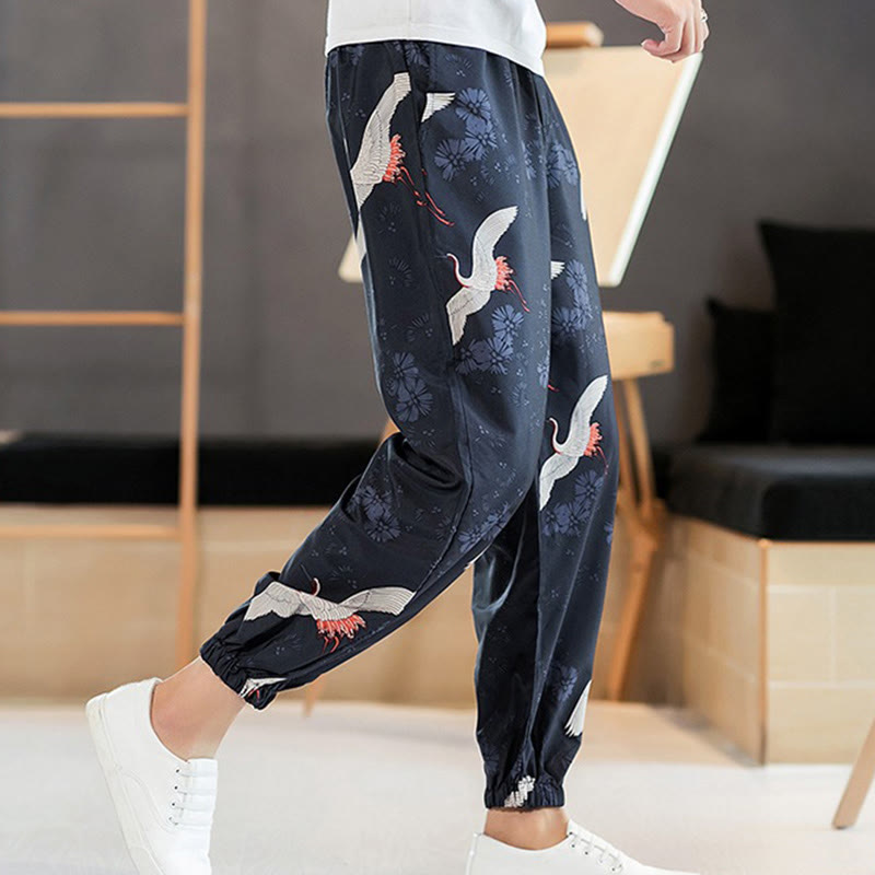 Pantalones harén para hombre con diseño de grullas de Buddha Stones y nubes auspiciosas con bolsillos - image 6