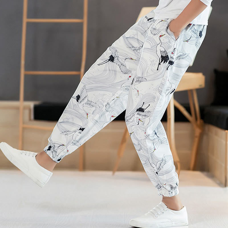 Pantalones harén para hombre con diseño de grullas de Buddha Stones y nubes auspiciosas con bolsillos - image 14