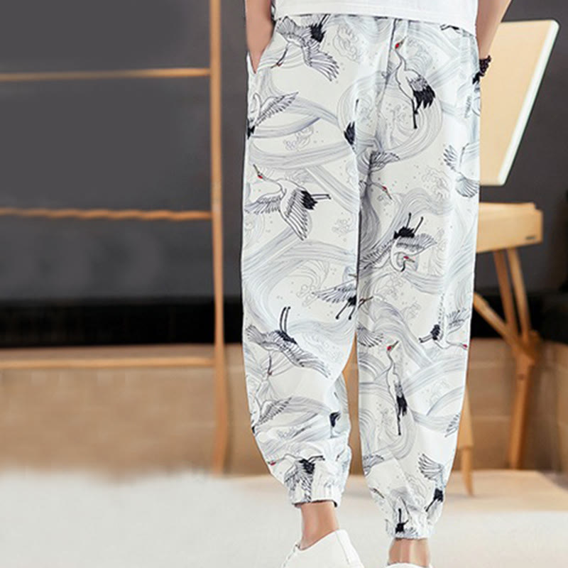 Pantalones harén para hombre con diseño de grullas de Buddha Stones y nubes auspiciosas con bolsillos - image 11
