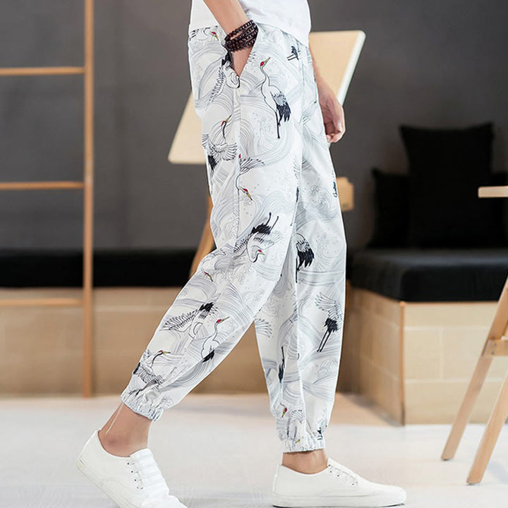 Pantalones harén para hombre con diseño de grullas de Buddha Stones y nubes auspiciosas con bolsillos - image 13