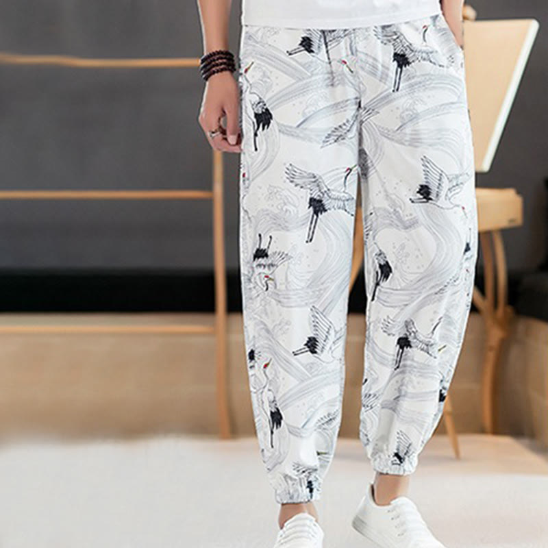 Pantalones harén para hombre con diseño de grullas de Buddha Stones y nubes auspiciosas con bolsillos - image 10