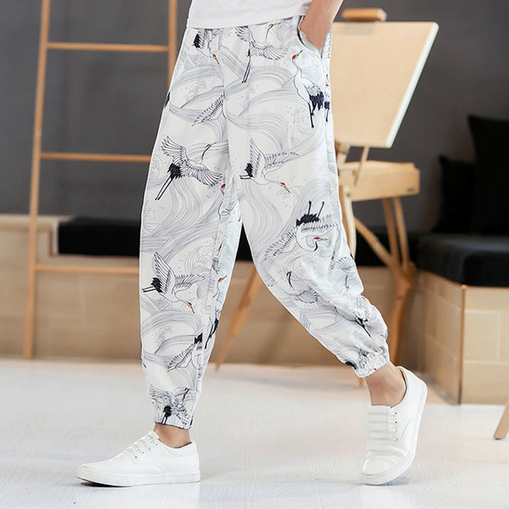 Pantalones harén para hombre con diseño de grullas de Buddha Stones y nubes auspiciosas con bolsillos - Blanco - US/UK/AU46, EU56 (5XL) - image 8