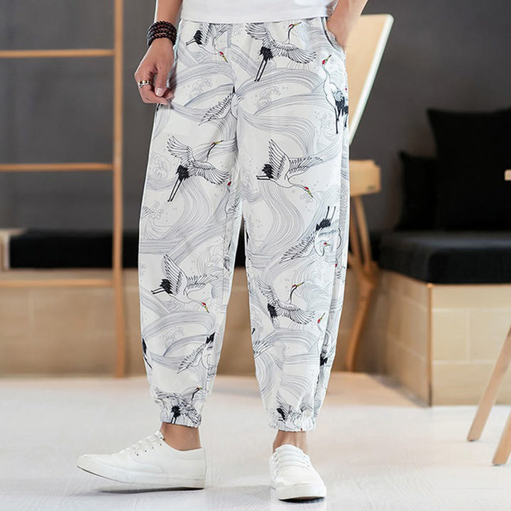Pantalones harén para hombre con diseño de grullas de Buddha Stones y nubes auspiciosas con bolsillos - image 9