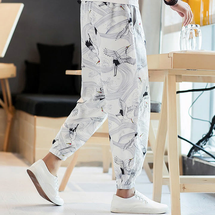 Pantalones harén para hombre con diseño de grullas de Buddha Stones y nubes auspiciosas con bolsillos - image 12