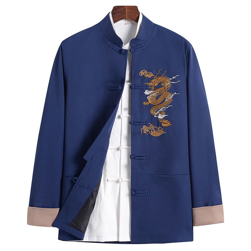 Chaqueta de manga larga para hombre con diseño de rana dragón y botones bordados con Buddha Stones - Azul acero - US/UK/AU44, EU54 (4XL) - image 14
