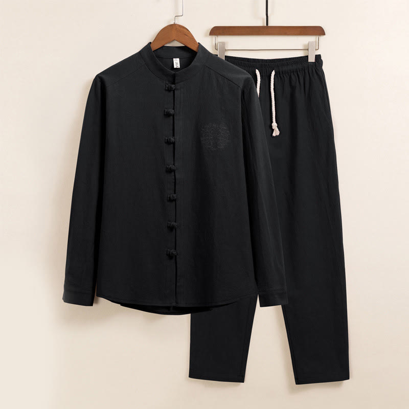 Conjunto de 2 piezas de camisa y pantalón de algodón de manga larga con botones de rana y bolsillos para hombre de Buddha Stones - Negro - US/UK/AU46, EU56 (5XL) - image 0