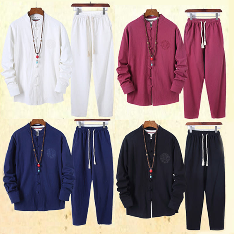 Conjunto de 2 piezas de camisa y pantalón de algodón de manga larga con botones de rana y bolsillos para hombre de Buddha Stones - image 44