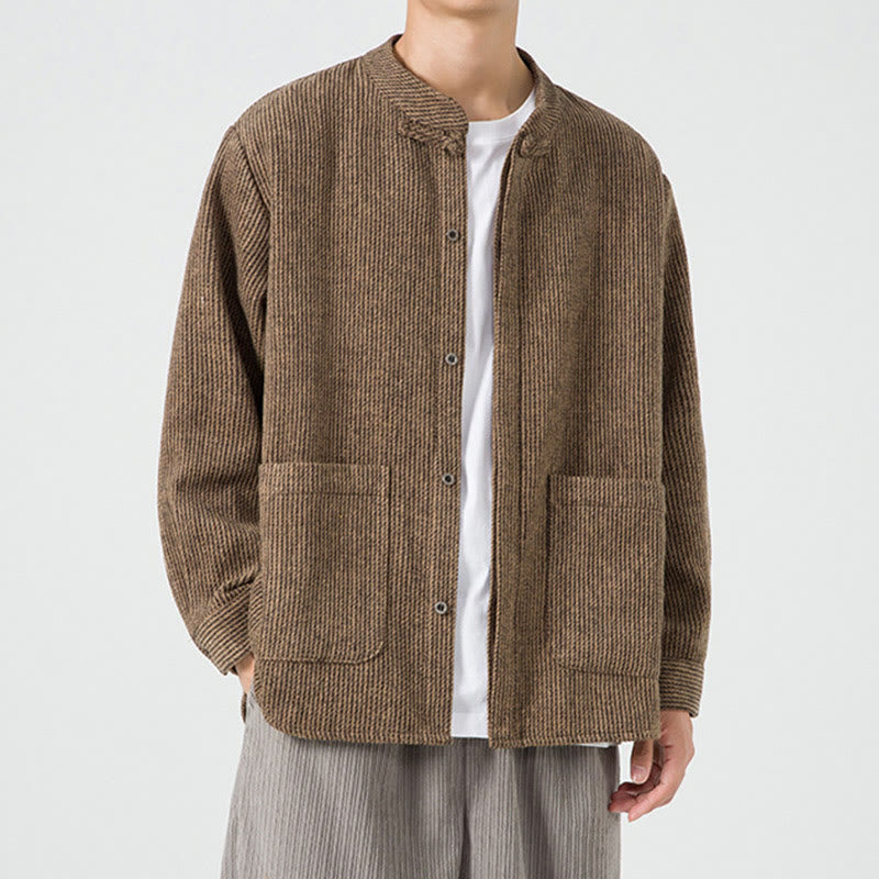 Chaqueta de pana de algodón de manga larga para hombre con botones de rana, color liso y bolsillos, de Buddha Stones - image 1