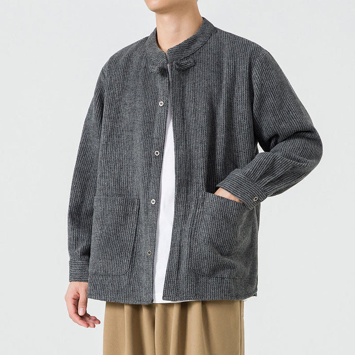 Chaqueta de pana de algodón de manga larga para hombre con botones de rana, color liso y bolsillos, de Buddha Stones - image 17
