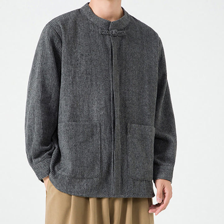 Chaqueta de pana de algodón de manga larga para hombre con botones de rana, color liso y bolsillos, de Buddha Stones - image 13