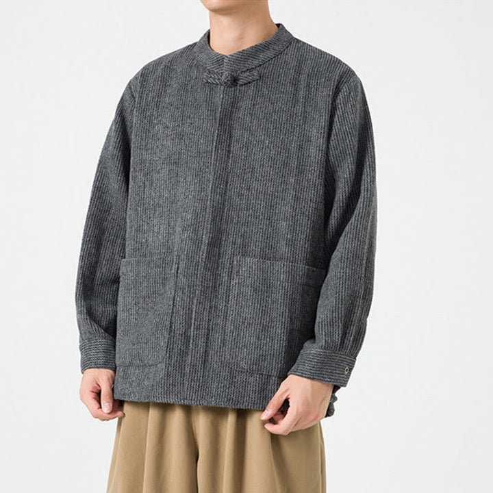 Chaqueta de pana de algodón de manga larga para hombre con botones de rana, color liso y bolsillos, de Buddha Stones - image 16