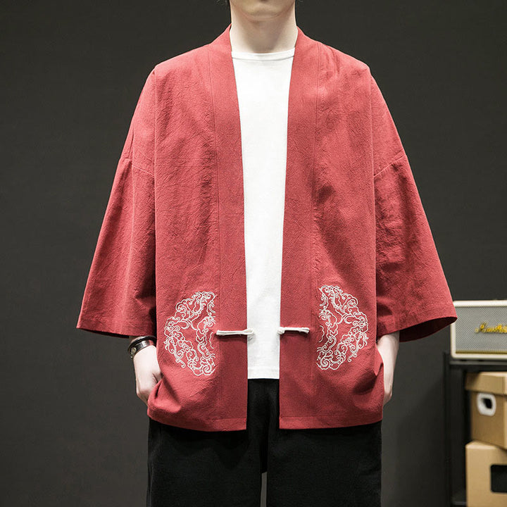 Chaqueta tipo kimono de algodón para hombre, de manga larga, con diseño de Buddha Stones y nubes auspiciosas. - Tomate - US/UK/AU46, EU56 (5XL) - image 7