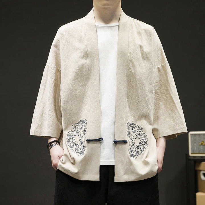 Chaqueta tipo kimono de algodón para hombre, de manga larga, con diseño de Buddha Stones y nubes auspiciosas. - Barba de maíz - US/UK/AU46, EU56 (5XL) - image 3