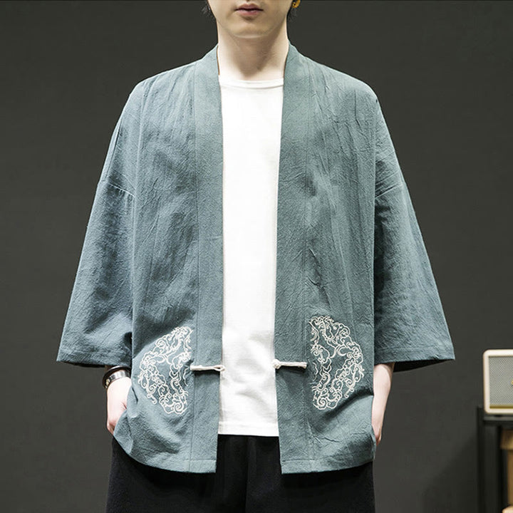 Chaqueta tipo kimono de algodón para hombre, de manga larga, con diseño de Buddha Stones y nubes auspiciosas. - image 1