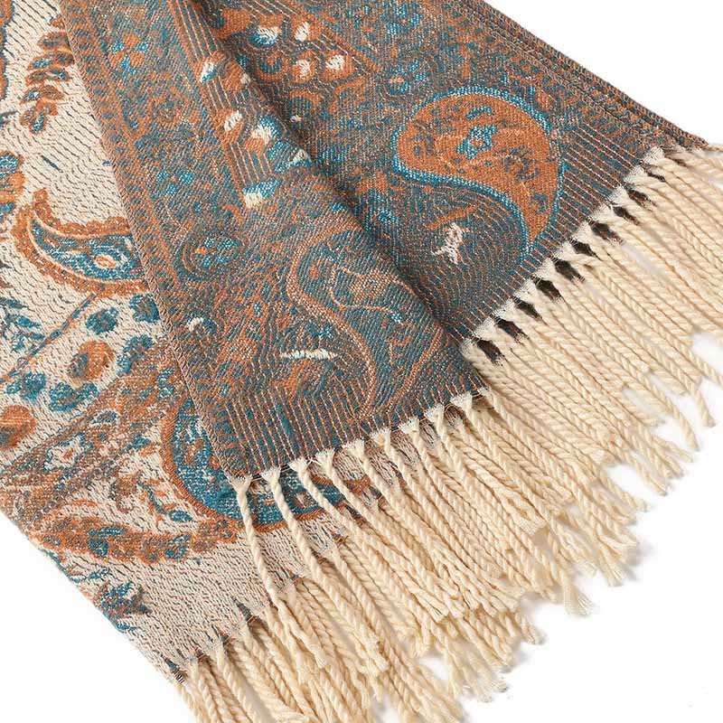 Bufanda chal suave con borlas y diseño étnico de flores de cachemira bordadas con Buddha Stones - image 15
