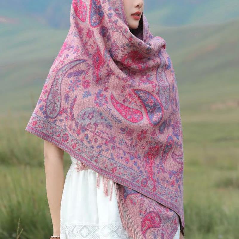 Bufanda chal suave con borlas y diseño étnico de flores de cachemira bordadas con Buddha Stones - image 7