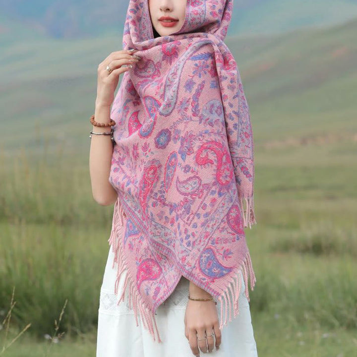 Bufanda chal suave con borlas y diseño étnico de flores de cachemira bordadas con Buddha Stones - image 5