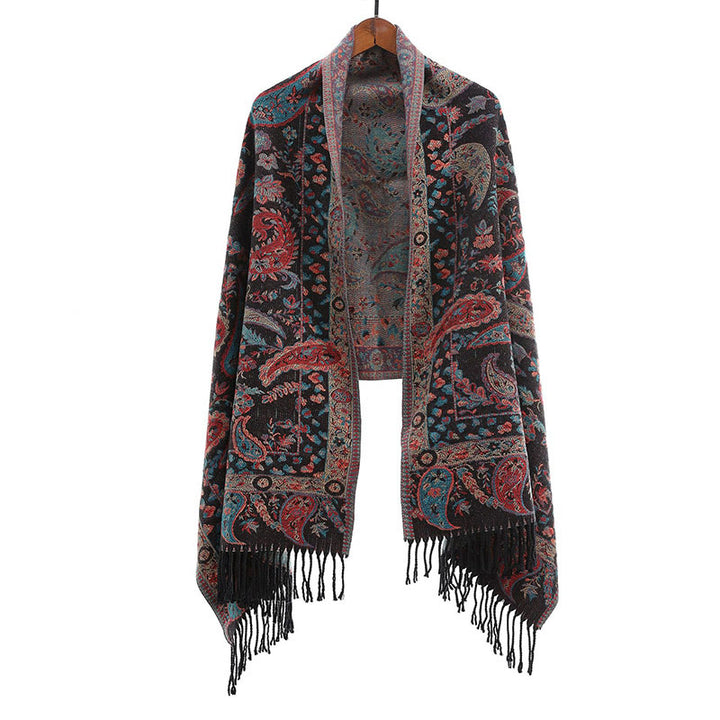 Bufanda chal suave con borlas y diseño étnico de flores de cachemira bordadas con Buddha Stones - image 1