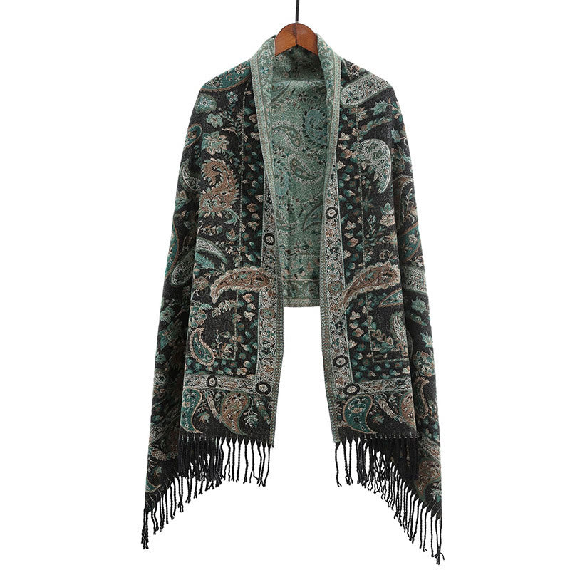 Bufanda chal suave con borlas y diseño étnico de flores de cachemira bordadas con Buddha Stones - Verde mar medio - image 16