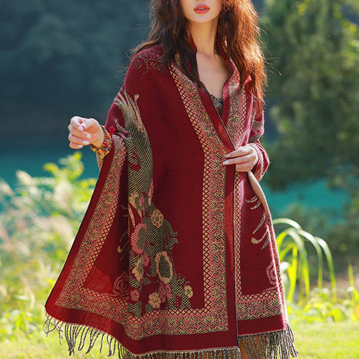 Bufanda chal térmica suave con borlas y estampado étnico de cachemira y plantas de jacquard con Buddha Stones - Enredaderas rojo oscuro, pájaro floral - 70-190 cm - image 46