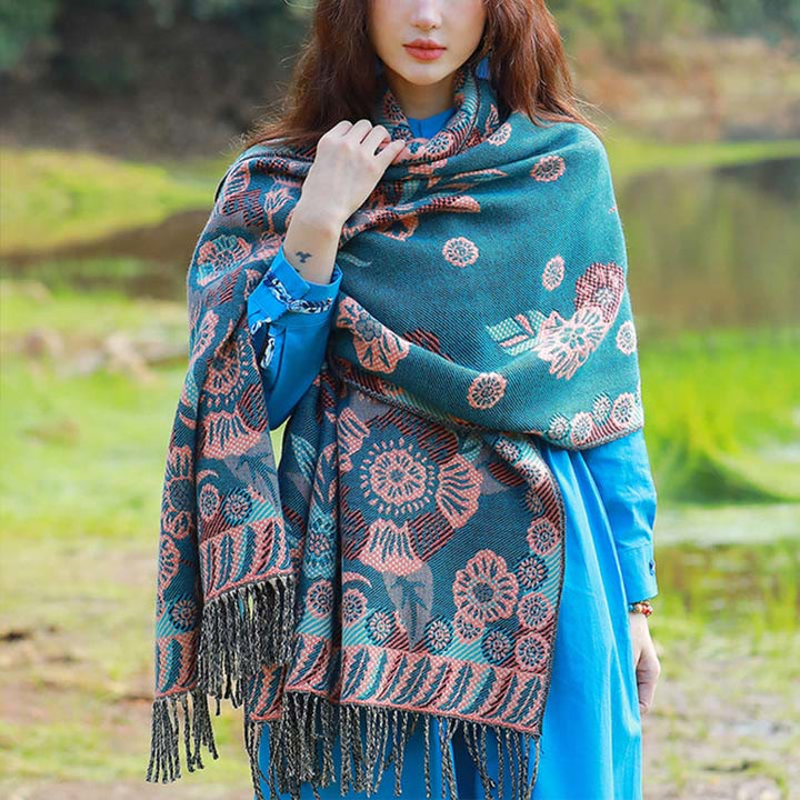 Bufanda chal térmica suave con borlas y estampado étnico de cachemira y plantas de jacquard con Buddha Stones - Floral verde mar claro - 70-190 cm - image 19