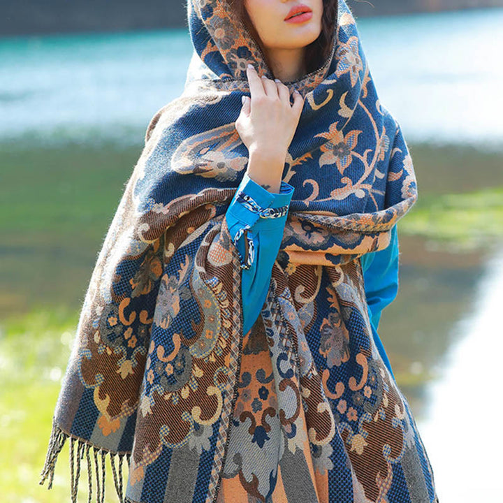 Bufanda chal térmica suave con borlas y estampado étnico de cachemira y plantas de jacquard con Buddha Stones - Enredaderas SteelBlue Floral - 70-190 cm - image 7