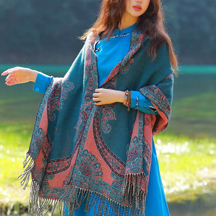 Bufanda chal térmica suave con borlas y estampado étnico de cachemira y plantas de jacquard con Buddha Stones - Paisley cian oscuro - 70-190 cm - image 43