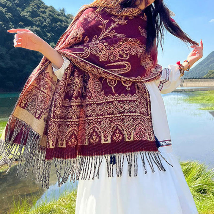Bufanda chal térmica suave con borlas y estampado étnico de cachemira y plantas de jacquard con Buddha Stones - image 17