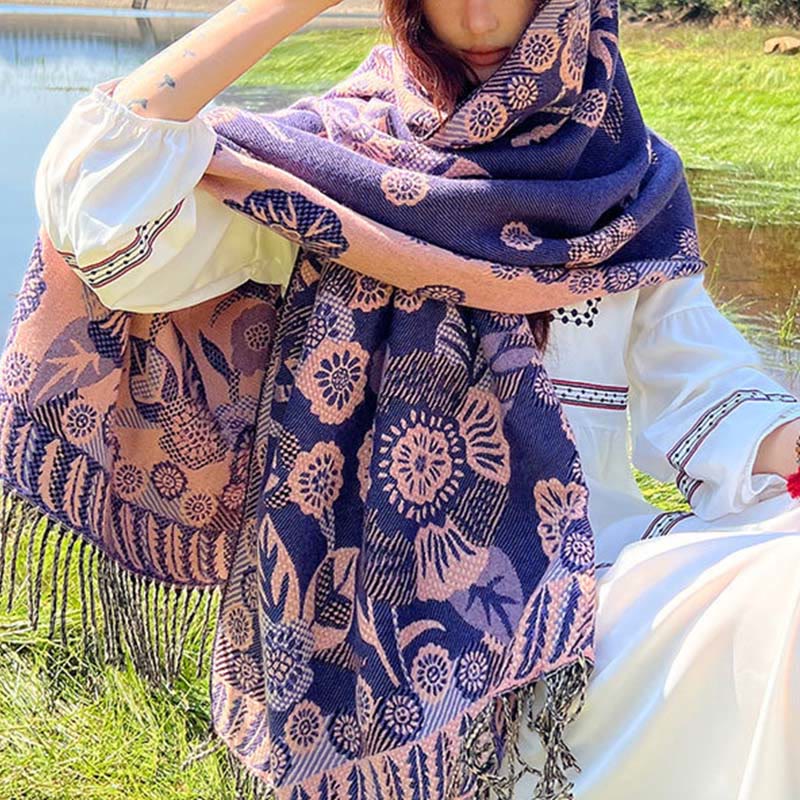 Bufanda chal térmica suave con borlas y estampado étnico de cachemira y plantas de jacquard con Buddha Stones - Orquídea oscura floral - 70-190 cm - image 22