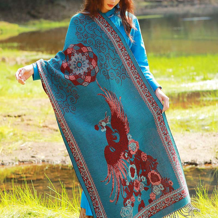 Bufanda chal térmica suave con borlas y estampado étnico de cachemira y plantas de jacquard con Buddha Stones - Enredaderas de pájaro floral de cian oscuro - 70-190 cm - image 45