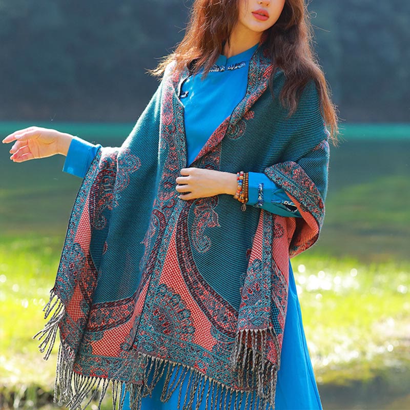 Bufanda chal térmica suave con borlas y estampado étnico de cachemira y plantas de jacquard con Buddha Stones - Paisley cian oscuro - 70-190 cm - image 43