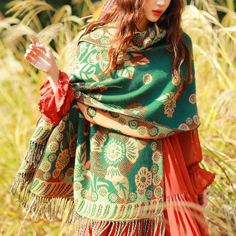 Bufanda chal térmica suave con borlas y estampado étnico de cachemira y plantas de jacquard con Buddha Stones - image 32