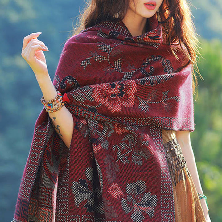 Bufanda chal térmica suave con borlas y estampado étnico de cachemira y plantas de jacquard con Buddha Stones - image 41