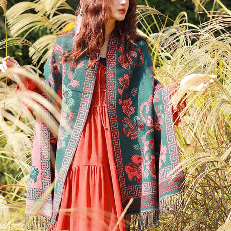 Bufanda chal térmica suave con borlas y estampado étnico de cachemira y plantas de jacquard con Buddha Stones - image 36