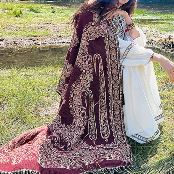 Bufanda chal térmica suave con borlas y estampado étnico de cachemira y plantas de jacquard con Buddha Stones - image 18