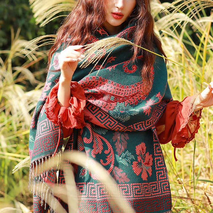 Bufanda chal térmica suave con borlas y estampado étnico de cachemira y plantas de jacquard con Buddha Stones - image 35