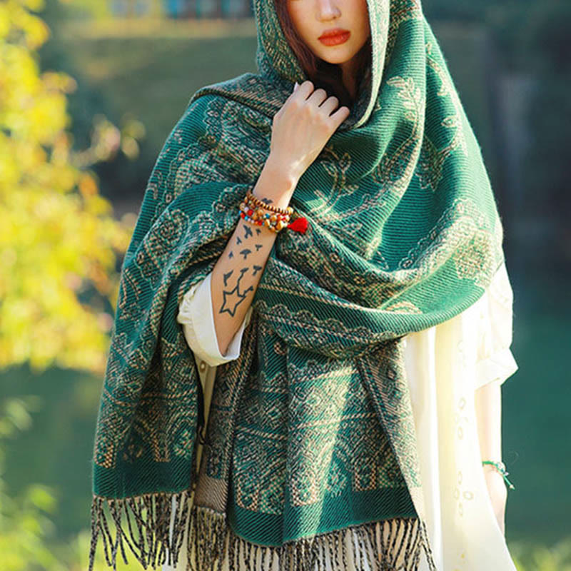 Bufanda chal térmica suave con borlas y estampado étnico de cachemira y plantas de jacquard con Buddha Stones - image 2